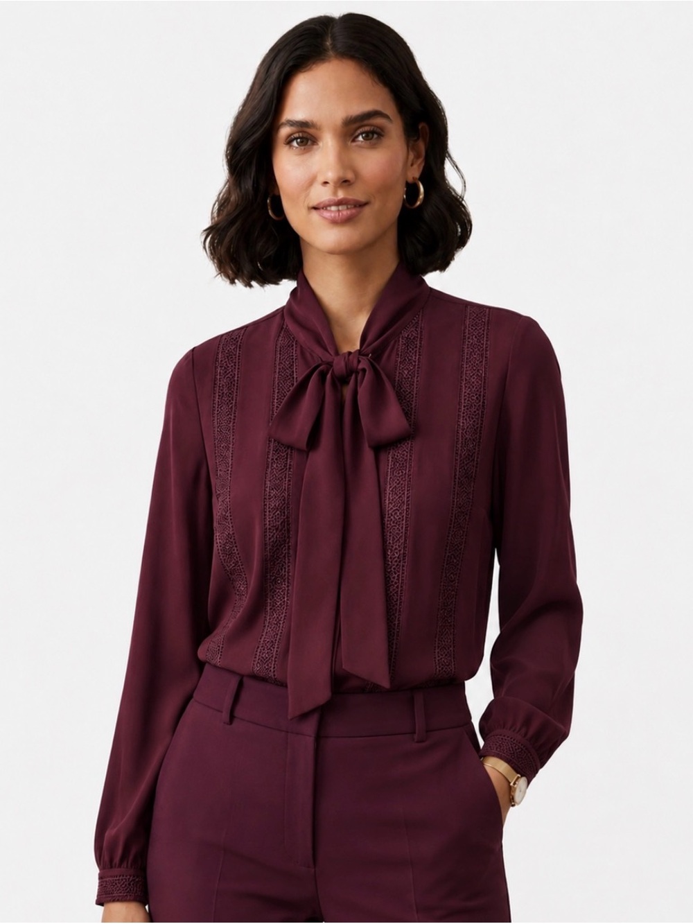 Ann Taylor Tie-Neck Long Sleeve Blouse in Deep Burgundy